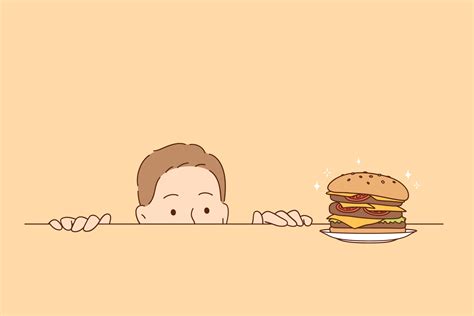 Overeating, nutrition, hunger concept. Funny hungry man cartoon character looking at tasty ...