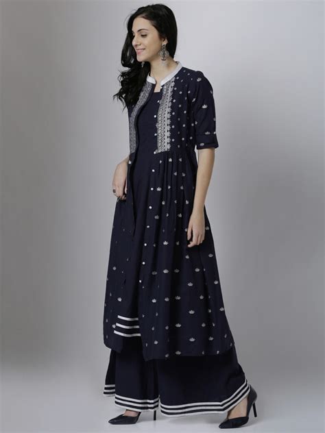 Buy Vishudh Navy Blue Silver Ethnic Motifs Printed Anarkali Kurta For