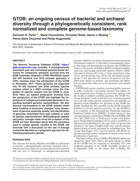 Pdf Gtdb An Ongoing Census Of Bacterial And Archaeal Diversity