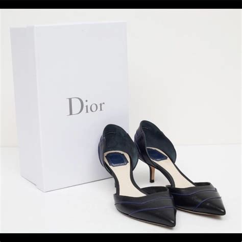 Christian Dior Black And Navy Leather Dorsay Pointy Toe Kitten Heel Pump