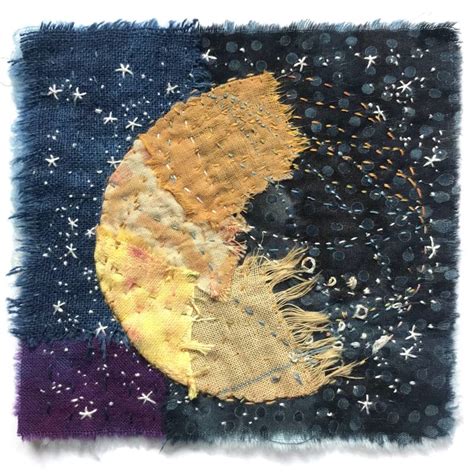 Mid Century Mixed Media Collage Textile Art Moon Night Sky Star Framed