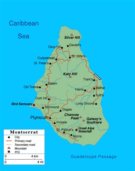 Large Detailed Road Map Of Montserrat Island With Cities Montserrat