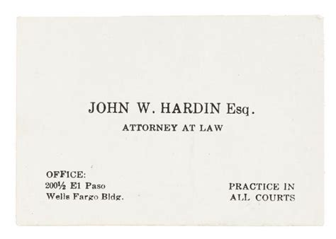 Lot A John Wesley Hardin Business Card