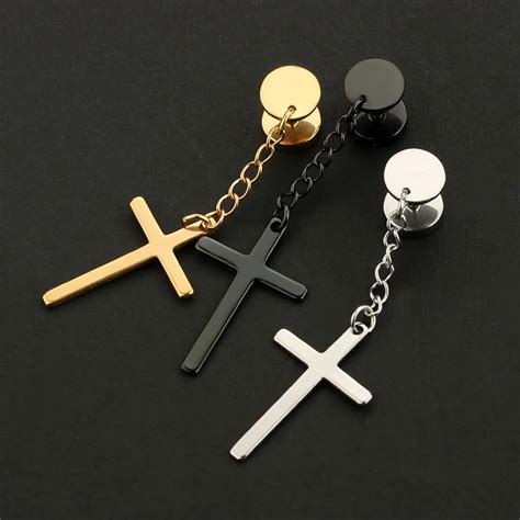 1pair Fashion Religious Cross Dangle Earrings Ear Plugs Titanium Steel