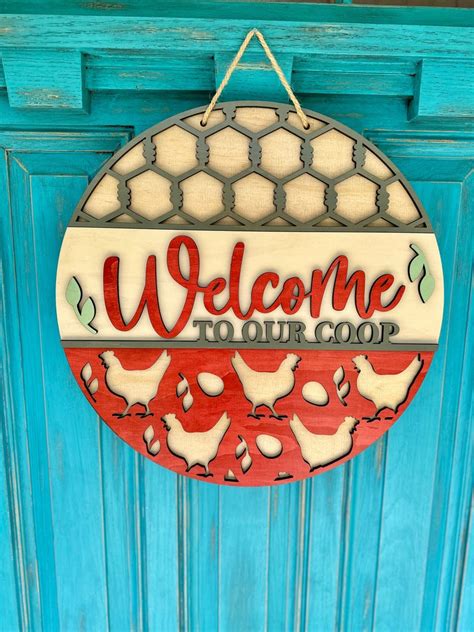 Welcome to Our Coop Sign Chicken Farmhouse Décor Layered Wood Door