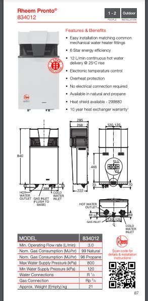 Specification Sheet Rheem Pronto 12L Continuous Hot Water System 1 Tech Spec