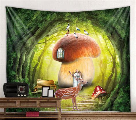 Mushroom Tapestry Mushroom House Bird Tapestry Sunshine Etsy