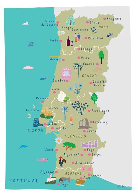 Map Of Portugal Art Print Illustration North Central Etsy Uk