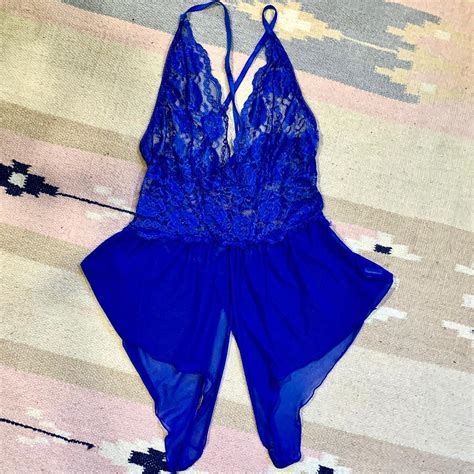 Vintage Bodysuit Teddy Lingerie In Blue Lace Sheer Depop