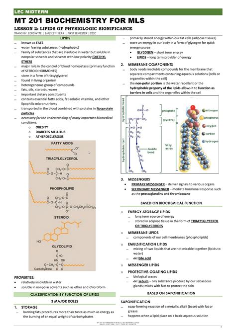 Biochem Lipid Lec Midterm Lec Midterm Mt 201 Biochemistry For Mls