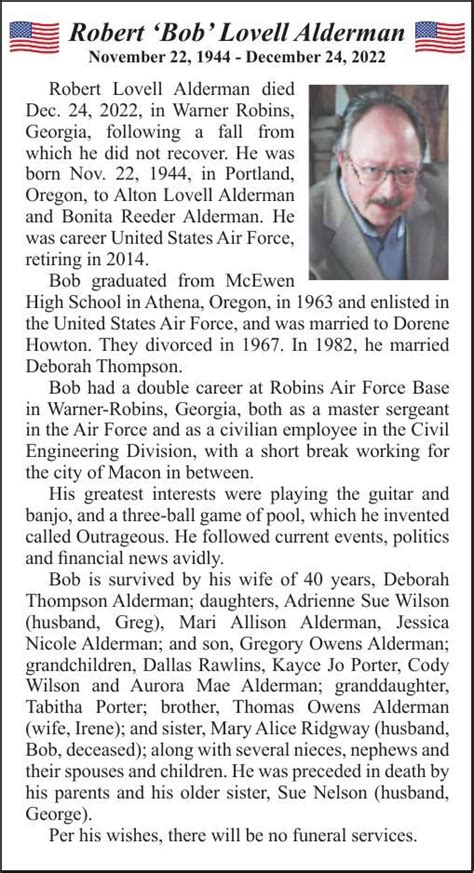 Obituary Robert Bob Lovell Alderman November 22 1944 December 24