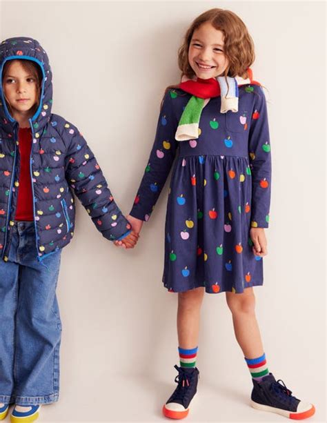 Long Sleeved Fun Jersey Dress College Navy Rainbow Apples Boden Uk