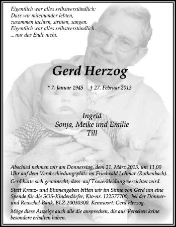 Traueranzeigen Von Gerd Herzog WirTrauern