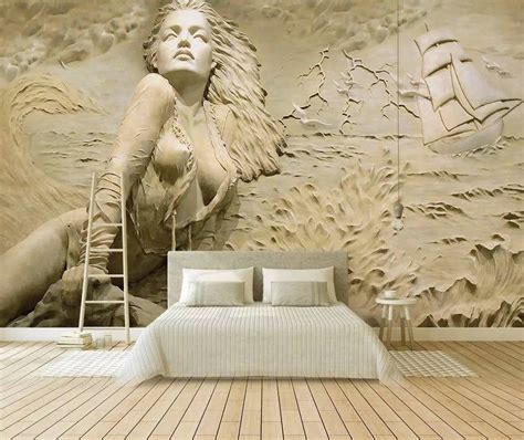 Design Wallpaper European Gold 3d Embossed Seaside Sexy Beauty Etsy Custom Wall Murals