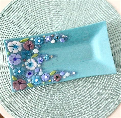 Turquoise Blue Floral Fused Glass Decorative Dish Etsy In 2023 Kiln Glass Art Glass Fusing