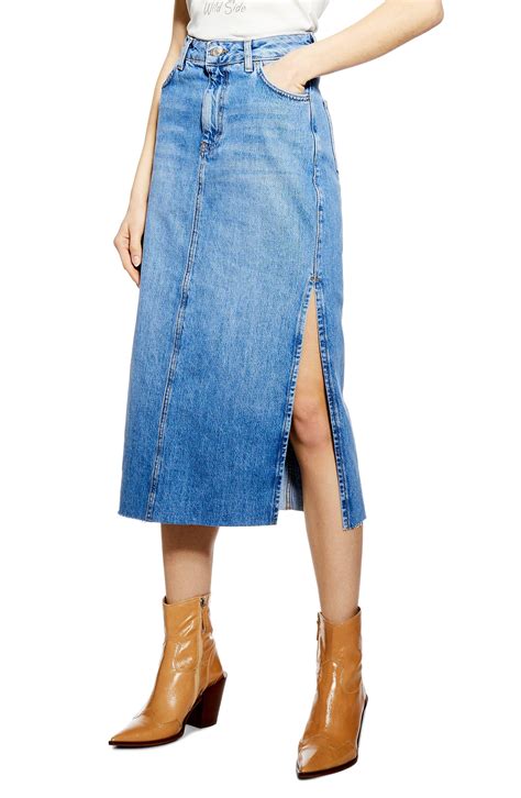 Topshop Split Denim Midi Skirt In Mid Denim Blue Lyst