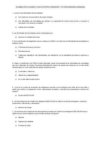 EXAMEN DIFICULTADES DEL APRENDIZAJE CONV ORDINARIA Y EXTRAORDINARIA