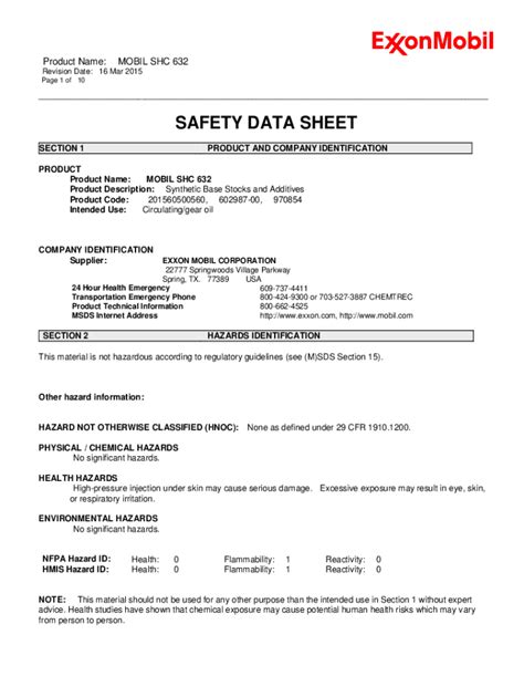 Fillable Online Sds Mobil Shc Safety Data Sheet View Mobil Shc