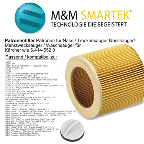 2x Patronen Filter für Kärcher A 2204 2254 2101 2204 2206 wie 6 414 552