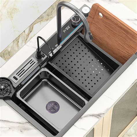 Buy Waterfall Kitchen Sink With Faucet Smart Black Stainless Steel