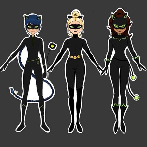 Three Women In Black Catsuits Standing Next To Each Other With Their