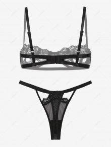 Women S Eyelash Lace Open Cup Underwire Caged Design Sexy Nightwear Lingerie Set In BLACK