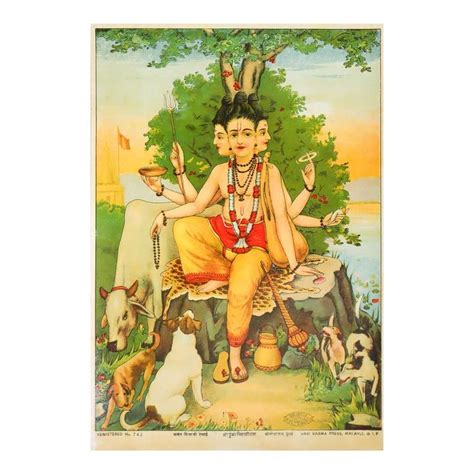 1920 Indian Offset Lithography Seated Dattatraya Seated Three Headed