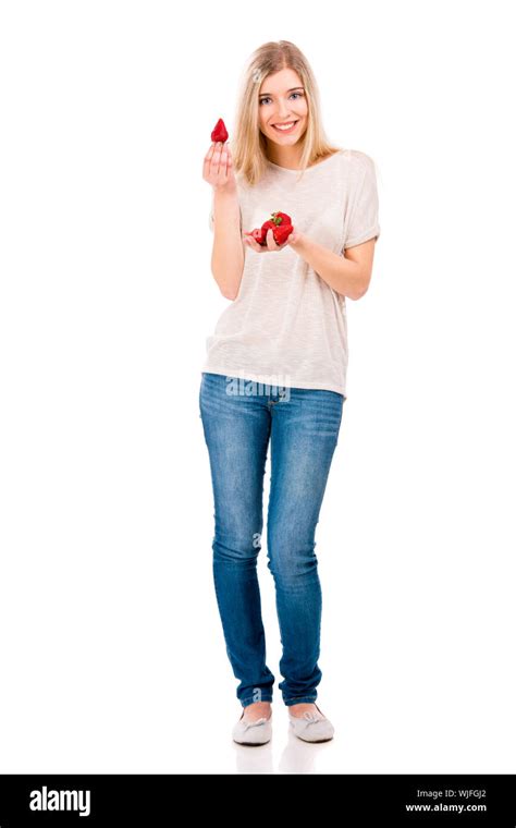 Beautiful Blonde Woman Smiling And Holding Strawberries Isolated Over