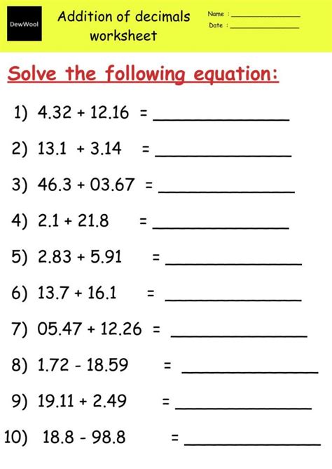 Addition Of Decimals Worksheets Dewwool