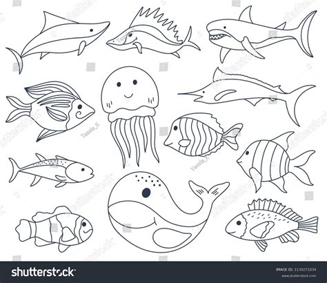 Sea Fish Doodle Set Collection Hand Stock Vector Royalty Free 2130271034