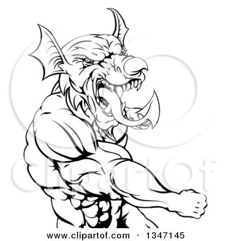 Clipart Of A Black And White Muscular Fighting Welsh Dragon Man