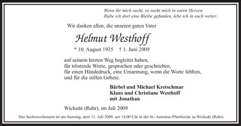 Traueranzeigen Von Helmut Westhoff Trauer In Nrw De