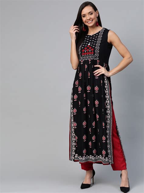 Buy HERE NOW Women Black Red Embroidered Ethnic Printed High Slit A