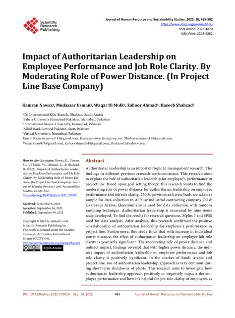 Pdf Impact Of Authoritarian Leadership On Employee Performance And