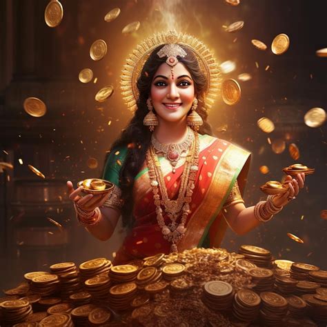 Premium AI Image | illustration of Laxmi Mata With Pot of Gold Coins falling from