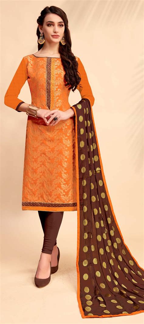 Casual Orange Color Banarasi Silk Fabric Salwar Kameez