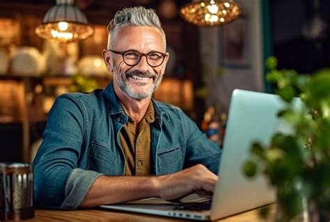 Premium AI Image Attractive Mature Caucasian Man Sitting In Front Of A Laptop Smiling