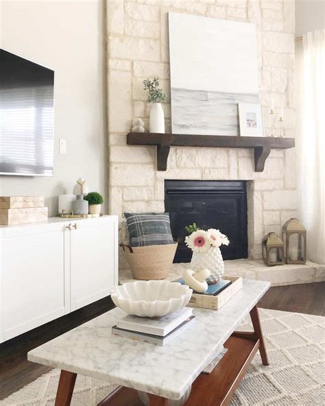 White Stone Fireplace With Dark Wood Mantel Soul Lane