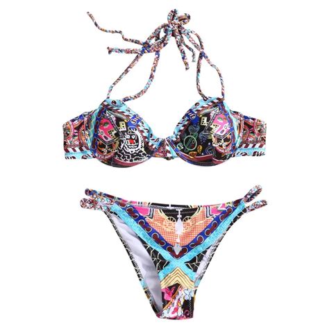 Women Sexy Bandage Crochet High Waist Bikini Set Push Up Print Padded