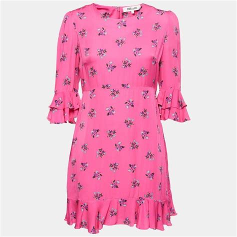 Diane Von Furstenberg Pink Floral All Over Motif Crepe Ruffle Detail