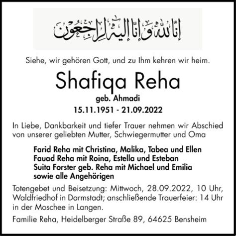 Traueranzeigen Von Shafiqa Reha Trauerportal Ihrer Tageszeitung