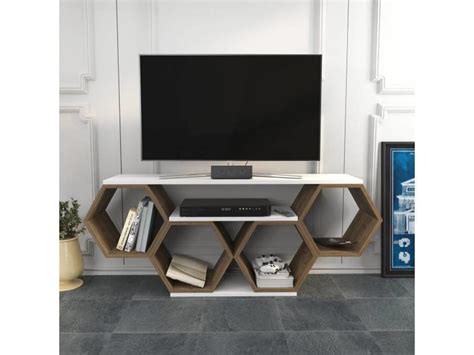 Meuble tv forme nid nid d abeille 140cm bois foncé et blanc Conforama