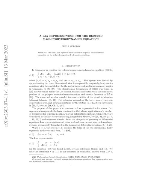 (PDF) A Lax representation for the reduced magnetohydrodynamics equations