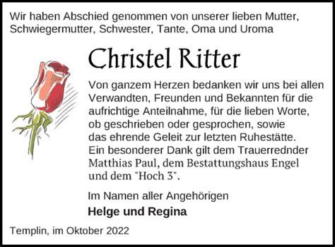 Traueranzeigen Von Christel Ritter Trauer Nordkurier