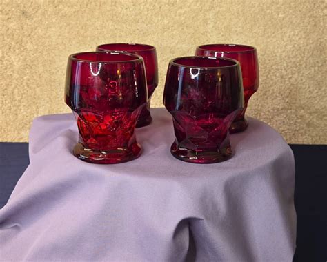 Set 4 Vintage Ruby Red Juice Water Glasses Anchor Hocking Georgian Honeycomb 4 Ebay