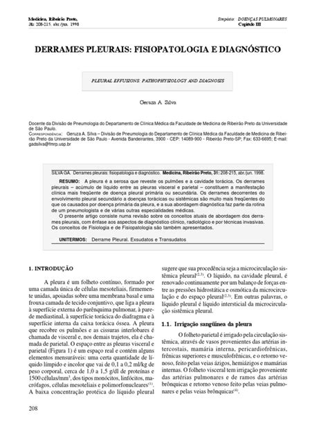 Derrames Pleurais Fisiopatologia Diagnostico Pdf Avc