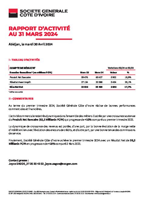 Rapport d activités 1er trimestre 2024 SOCIETE GENERALE CI