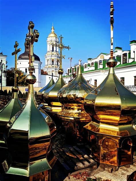 Ukraine Kiev Orthodox Golden Domes With Crosses Pechersk Lavra Stock