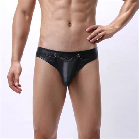 Gay Underwear Jockstrap Men Thongs G Strings Faux Leather Button Open Crotch String Homme