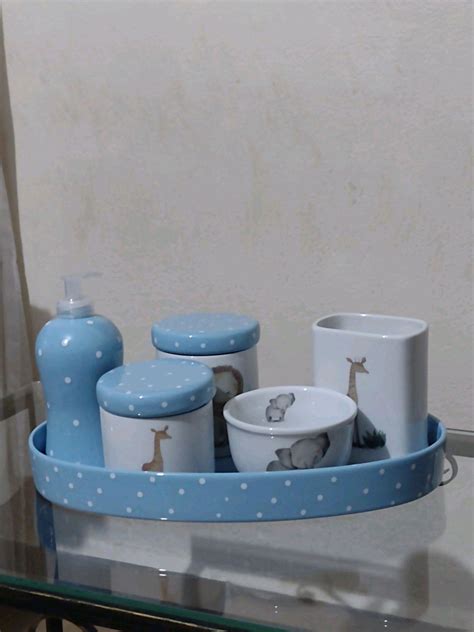 KIT HIGIENE PORCELANA SAFÁRI PORTA PENTE BANDEJA AZUL POÁ Elo7